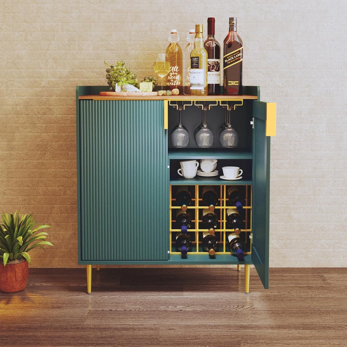 Wijnkast met wijnrekken voor 9 flessen, barkast, moderne koffierekkast, alcoholkast, flessenrek, hout, dressoir, buffetkast voor bar, keuken, eetkamer, woonkamer