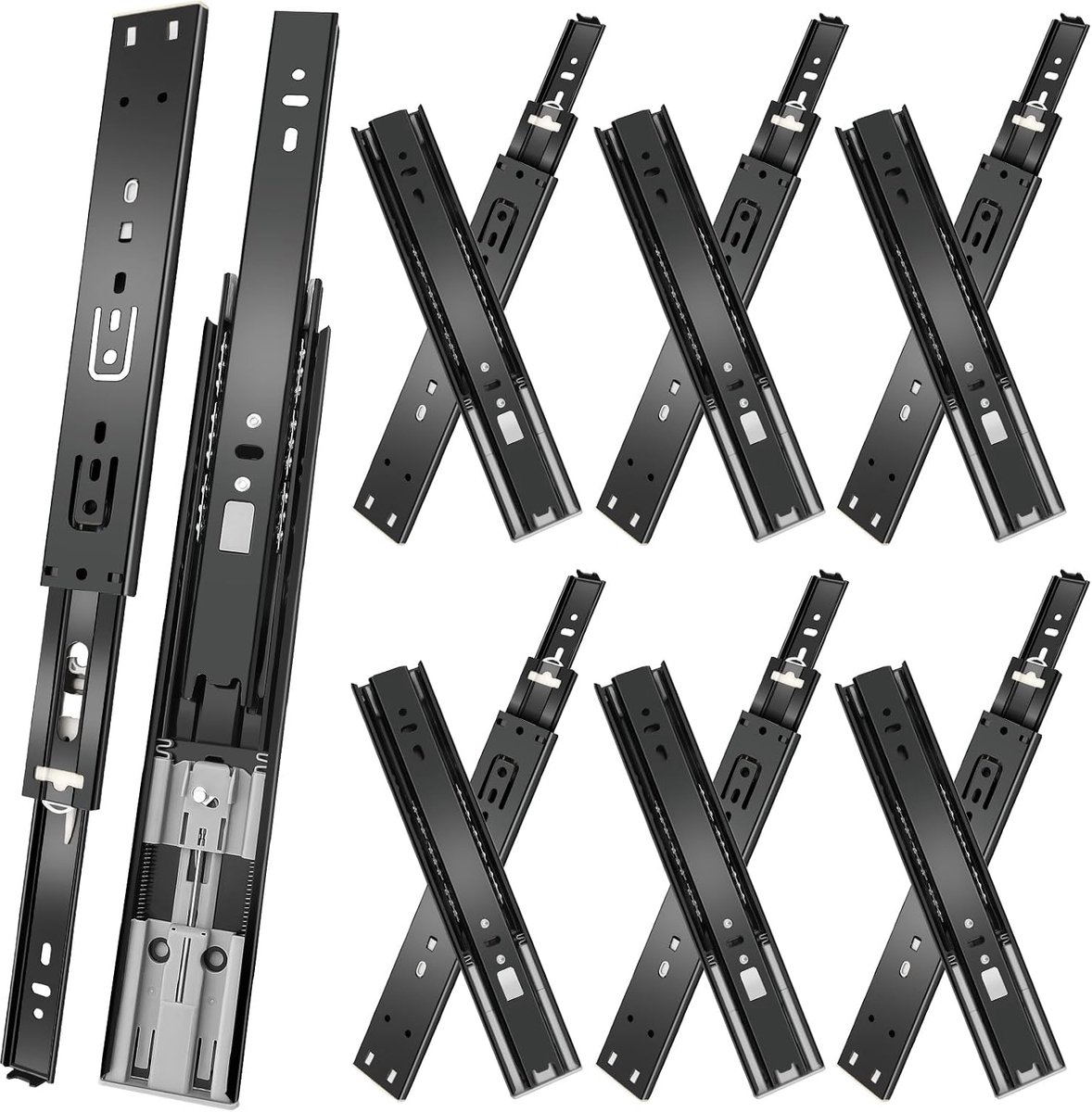 Ladegeleiders 6 paar (12 stuks) Zachte zelfsluitende 3-voudige kogellagerschuiflades aan de zijkant gemonteerde ladegeleiders 100 lb capaciteit lade glijbaan 45,7 cm zwart