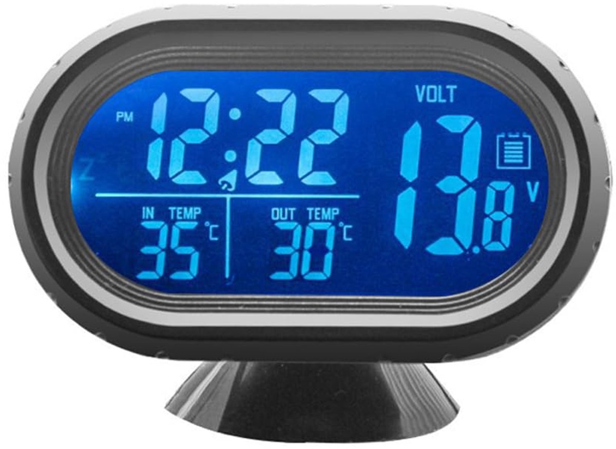 3-in-1 autothermometer, digitale klok, voltmeter met lcd-digitale monitor, 12 V temperatuur en spanningsmeter, detectieweergave voor auto, vrachtwagen, SUV, camper, blauw en oranje
