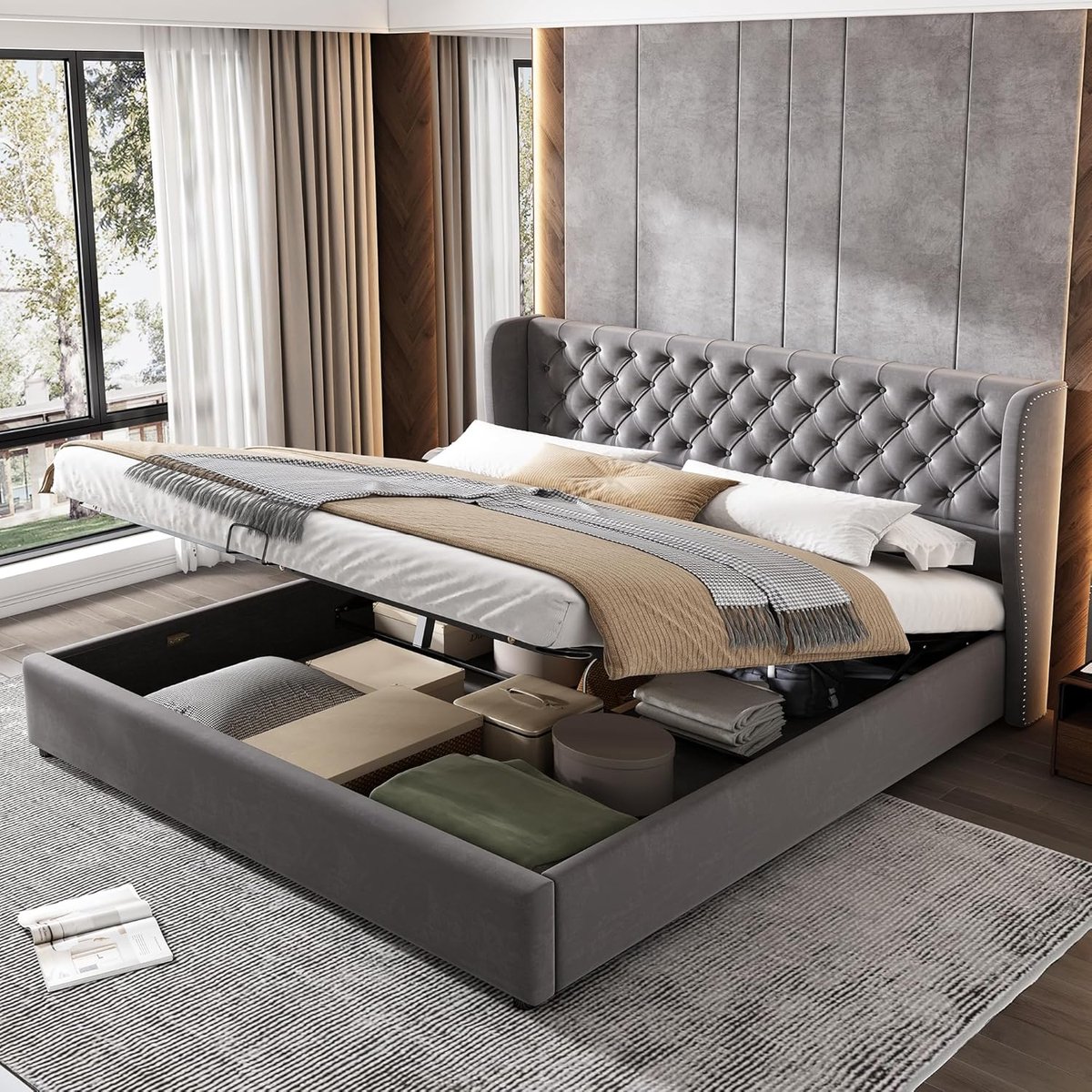 Bed met lattenbodem en bedlade, 160x200 cm, tweepersoonsbed met gevoerd hoofdeinde, fluwelen bekleding