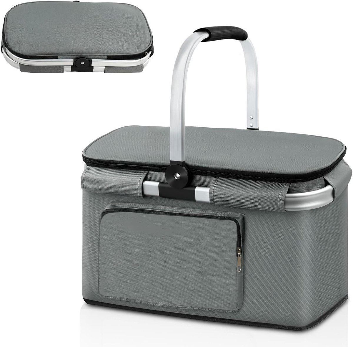 opvouwbare picknickmand, opvouwbare boodschappenmand, koeltas met aluminium handgreep, draagbare thermomand, voor winkelen, picknick, camping, 41 × 25 × 24 cm (grijs)
