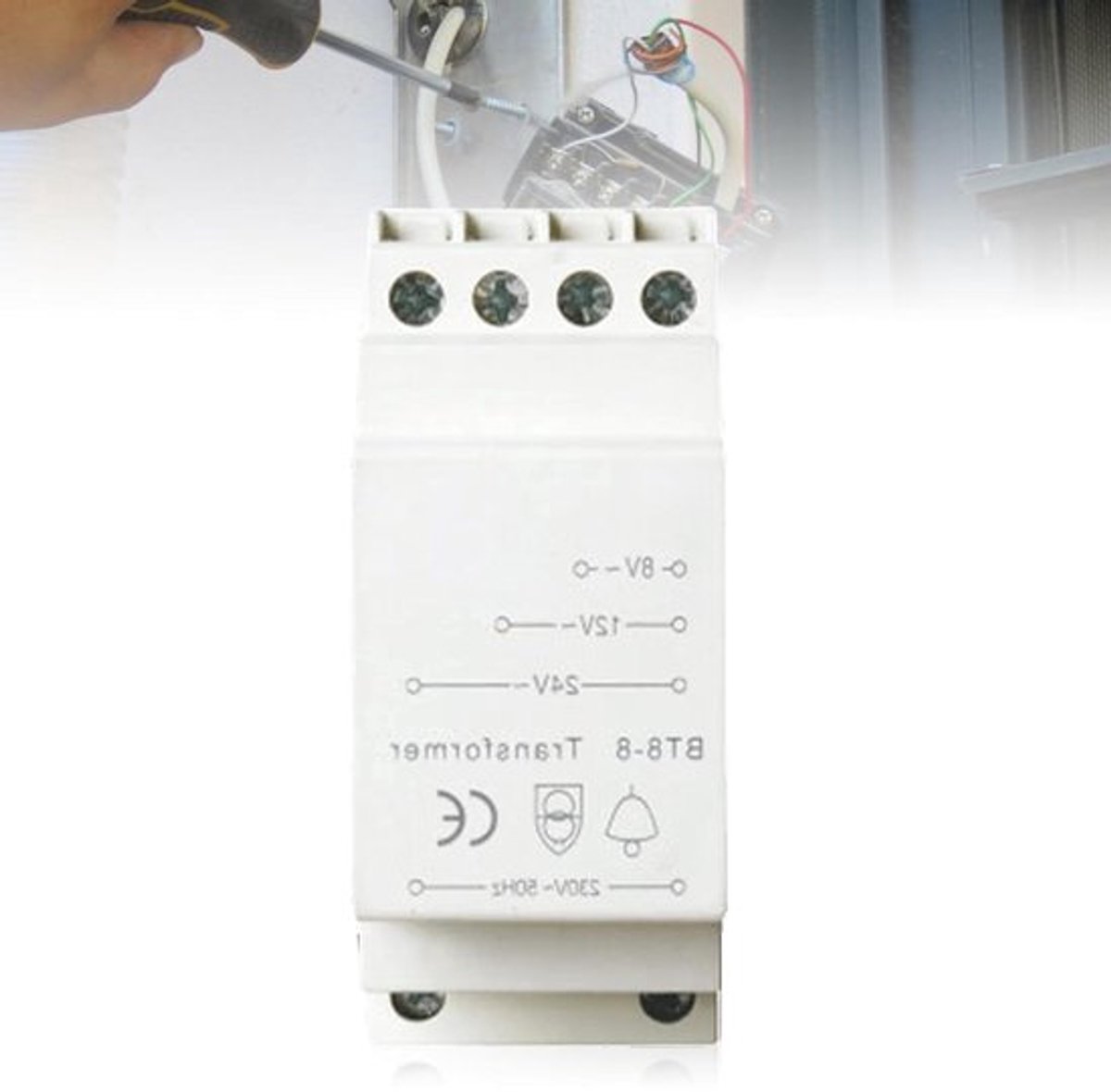 Beltrafo deurbel transformator met DIN-rail montage, 230V naar 8V-12V-24V, wit, geschikt voor alle deurbellen, voor eenvoudige en veilige installatie