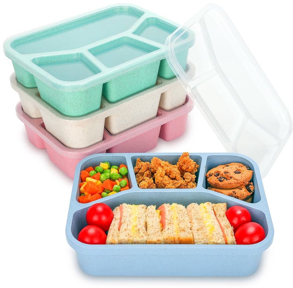 Set van 4 lunchboxen, 4 vakken, geschikt voor school en op reis, kinderlunchboxen, geschikt voor magnetron en vaatwasser, lunchboxen voor volwassenen.