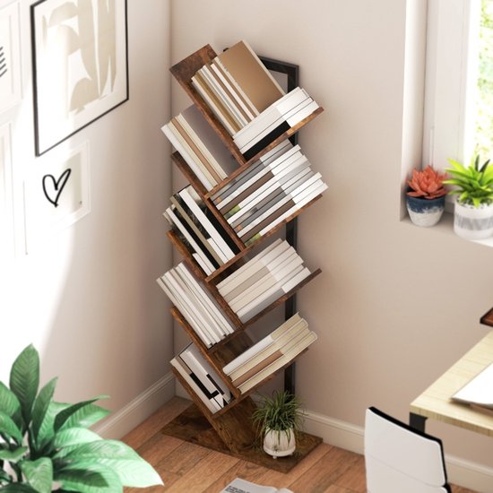 MIVRAY Boekenrek - Boomvormig Met 9 Niveaus - 50 x 24 x 136 cm - Hout En Staal - Rustiek Bruin - Voor Woonkamer En Kantoor — afbeelding 4