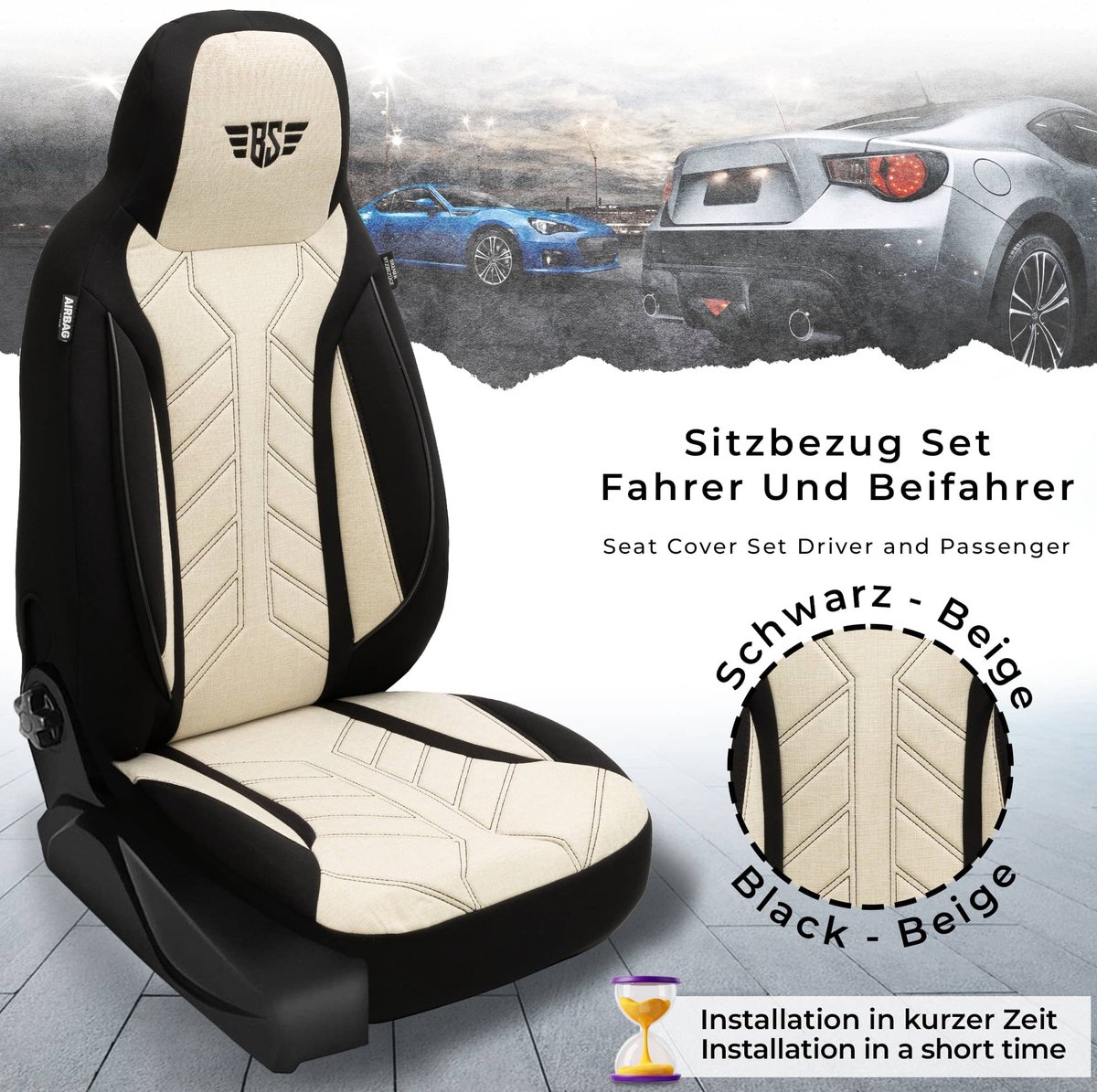 Autostoelhoezen voor Audi Q3 BJ vanaf 2019 – Stoelhoezen voor bestuurder en passagier in Zwart/Beige