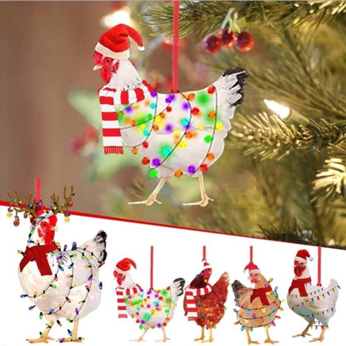 2024 Leuke cartoon haan hangende hanger, acryl kuikenornament voor auto-interieur, kerstkipdecoraties, kerstboomdecoraties voor thuis, familie (5 stuks)