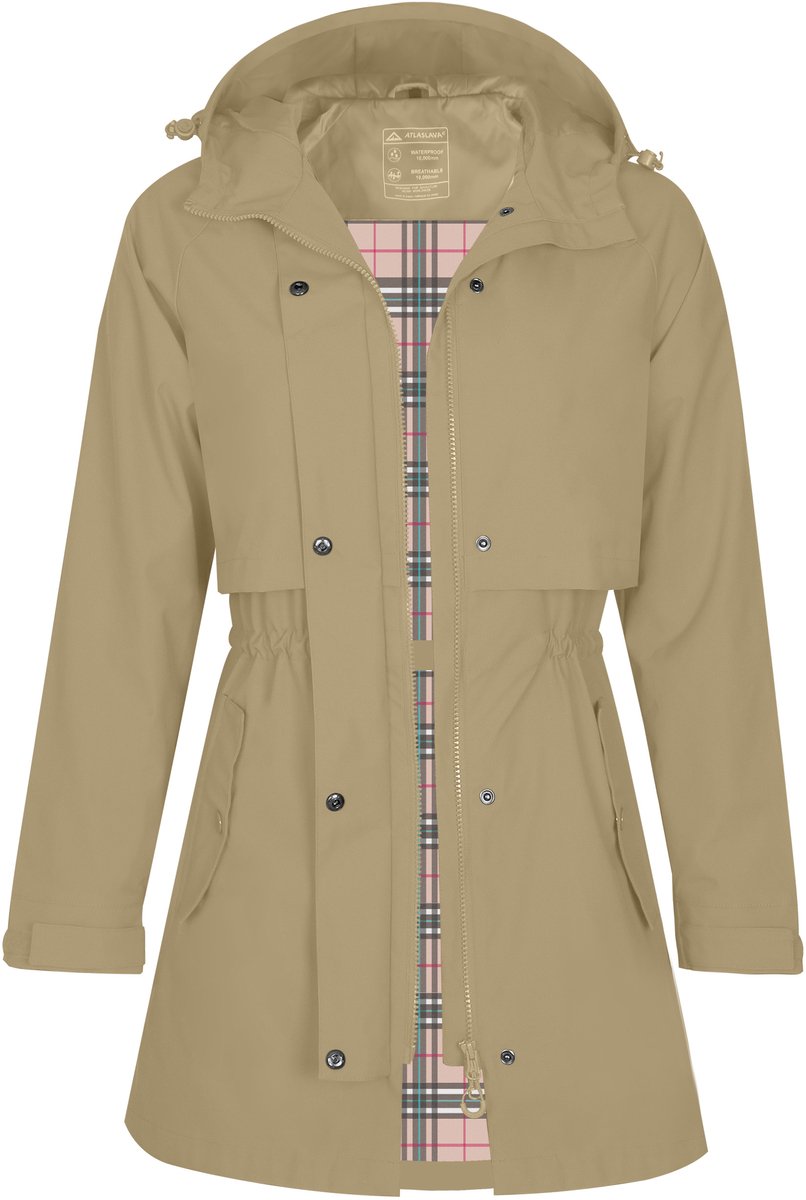 ATLASLAVA Dames regenjas - regenmantel - waterdicht met capuchon - vrouwen regenjack - overgangsjas - outdoor lente zomer herfst - S - Khaki