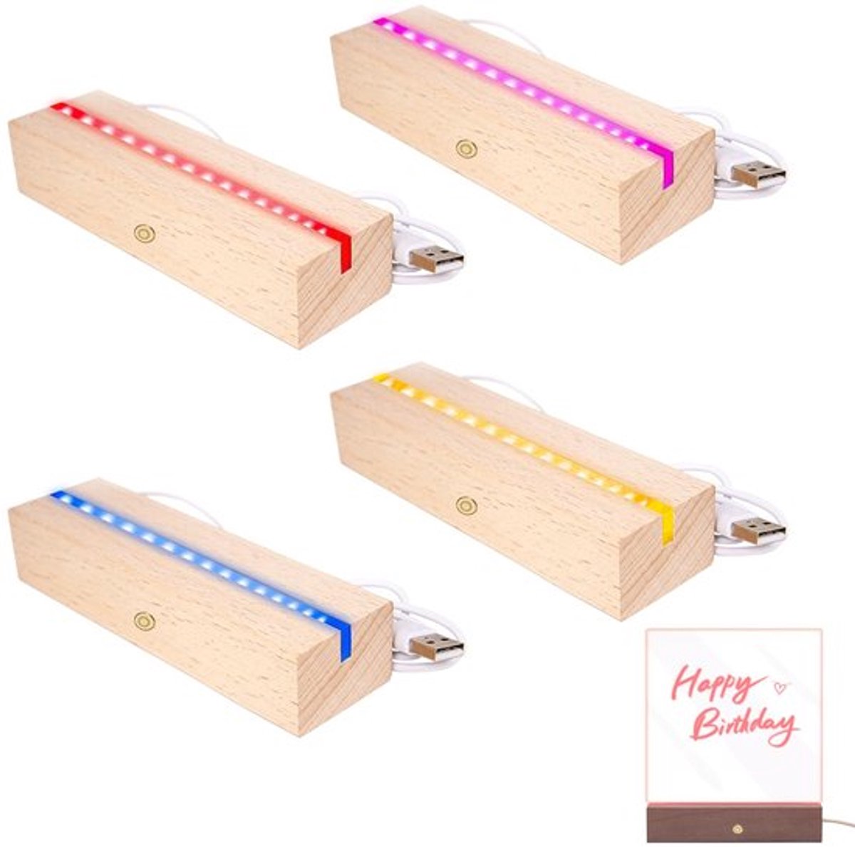 LED-houten voetstuk - 7-kleurige rechthoekige displaybasis met USB-lampjes en schakelaar voor doe-het-zelf acrylplaten