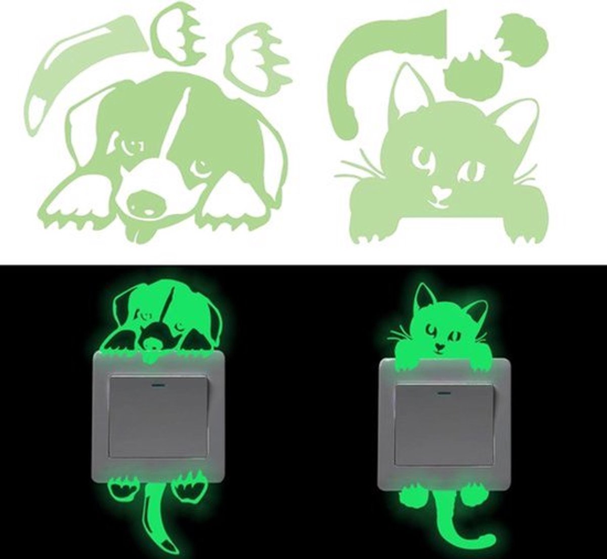 Lichtgevende Lichtschakelaarstickers voor Honden en Katten - Grappige Decoratie voor Thuis - Set van 2 Stuks voor Slaapkamer, Woonkamer, Kinderkamer, Keuken, Kantoor