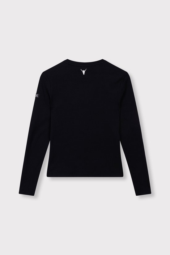 Zwarte gebreide longsleeve T-shirt met ronde hals, met logo op de mouw en een print op de rug.