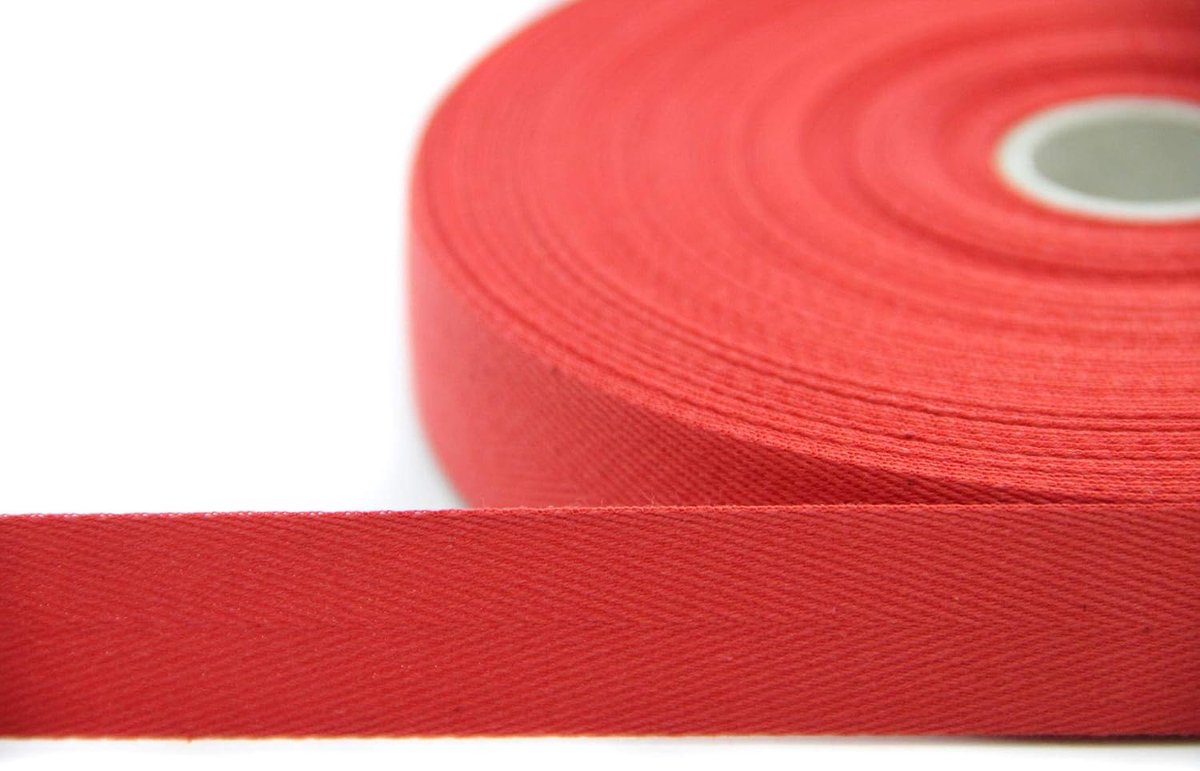 Twill tape 50 m - 84% katoen (rood, 2.5 cm) - herringbone patroon - ideaal voor kledingproductie - ShopVlot
