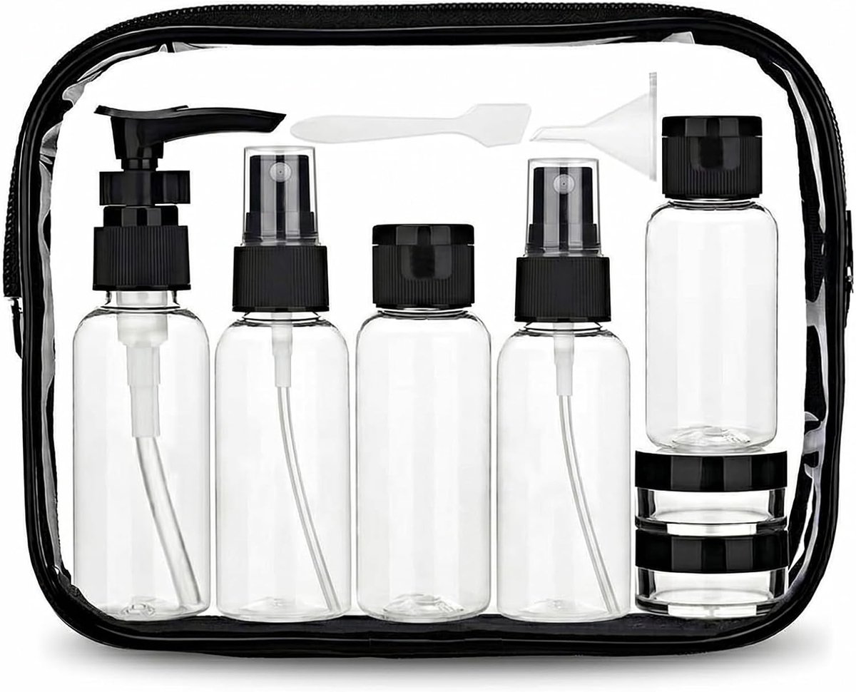 Toilettas met reisflessenset 9-delig - transparant - lekvrije flessen - ideaal voor reizen - ShopVlot