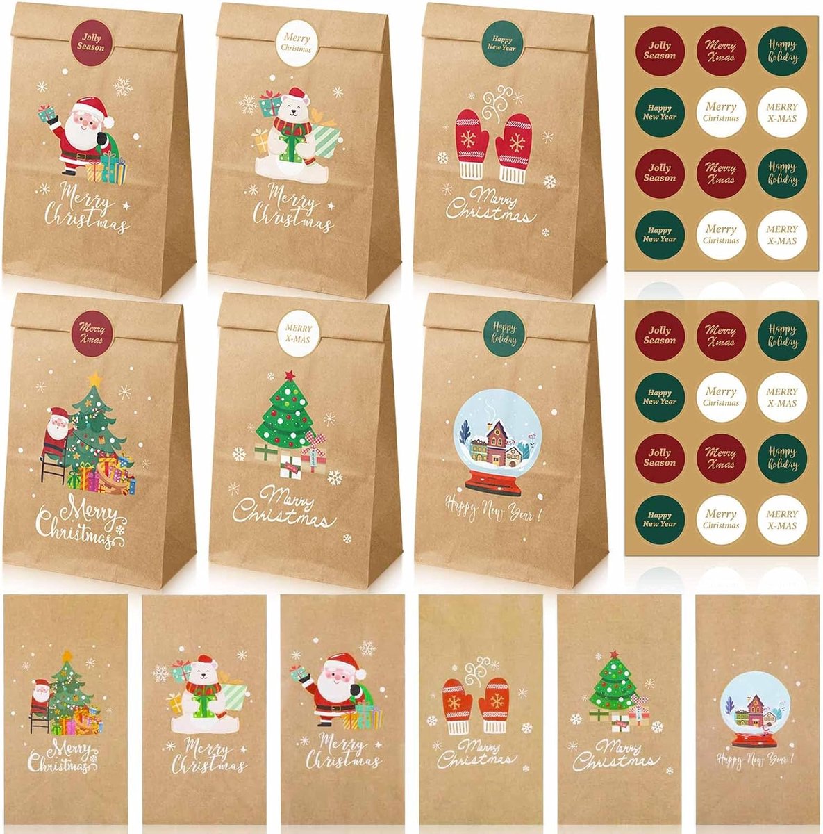 Cadeauzakjes kerst 24 stuks - papieren zakken - 6 feestelijke patronen - perfect voor cadeauverpakking - ShopVlot