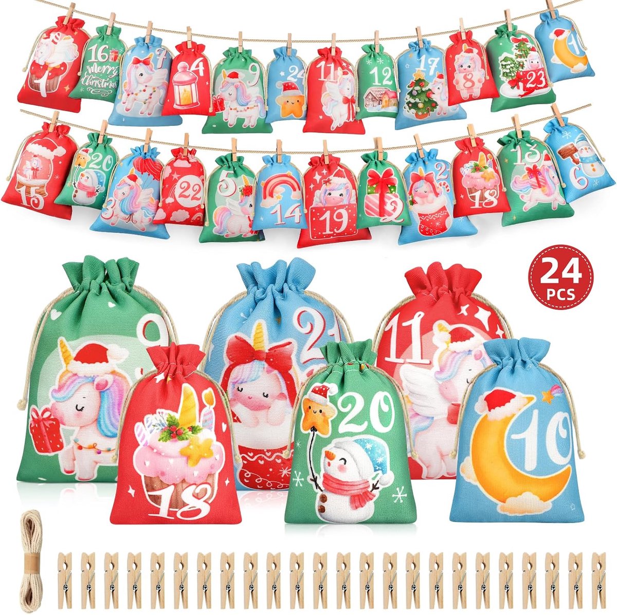 Adventskalender 24 voor vullen - Grote stoffen zakken - Hangend voor kerstdecoratie - Perfect voor kinderen - ShopVlot