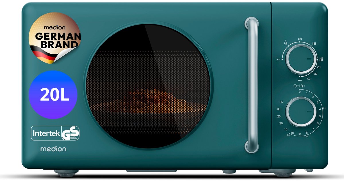 MEDION Retro magnetron met grill - 20 L - petrolblauw | 800 watt, 5 vermogensstanden, 3 combiprogramma’s, timer, ontdooifunctie, MD100119