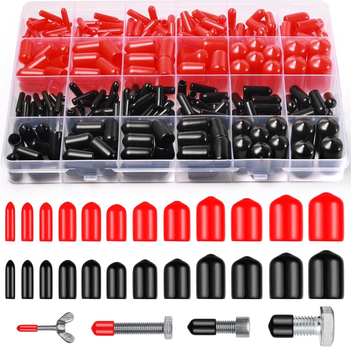 Rubber einddoppen 300 stuks - Rood & zwart - 12 maten - Bescherming voor schroeven en metalen stangen - ShopVlot