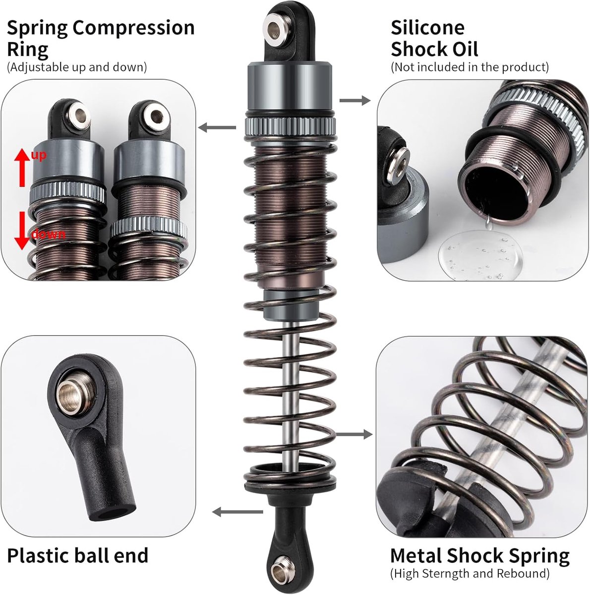 Olievering set 4 aluminium schokdempers - verstelbaar - voor TA-mi-ya DT-03/DT-02/TT-02B - perfecte upgrade - ShopVlot