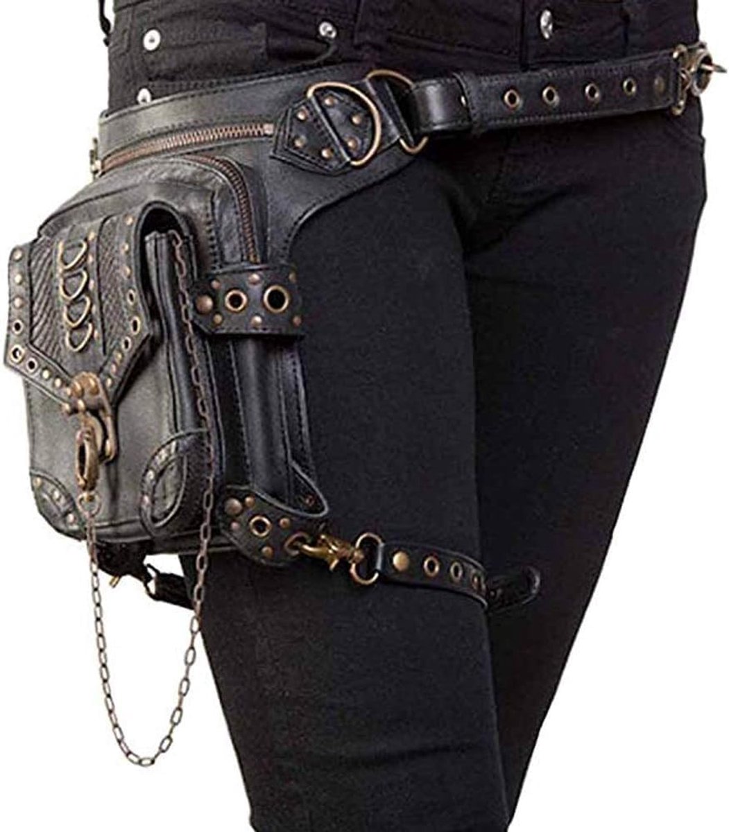Schoudertas vintage - zwart leer - steampunk stijl - ideaal voor kleine gadgets - ShopVlot