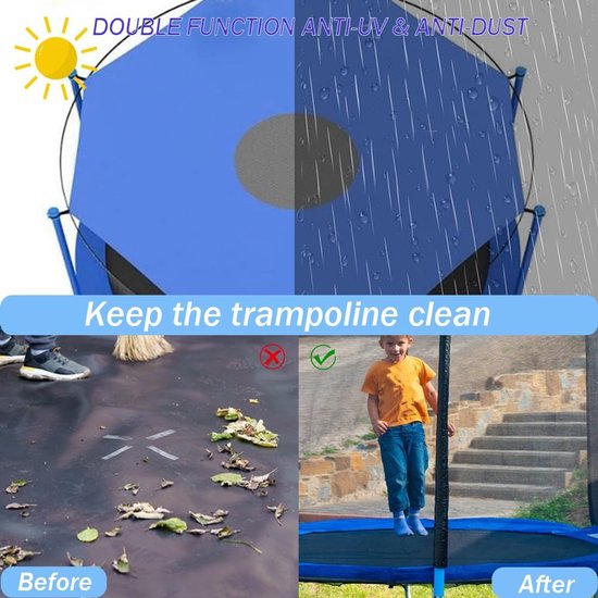 Blauw trampoline zonnescherm met dubbele functie: UV-bestendig en stofwerend. Laat de trampoline schoon.