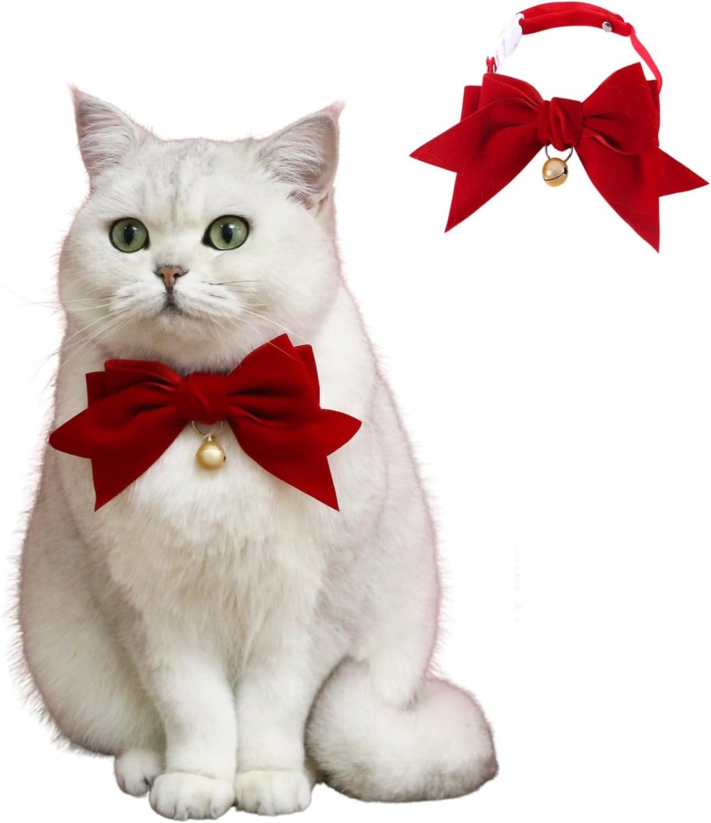 Kersthalsband voor katten - handgemaakte fluwelen strik - verstelbaar van 17-30 cm - met bel - ShopVlot