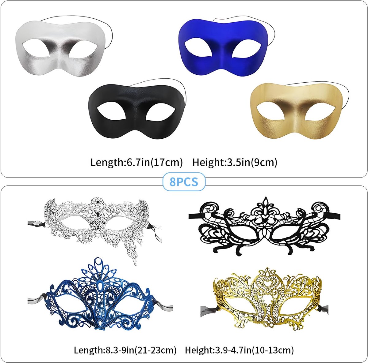 Kanten maskers voor koppels - 8 stuks - zwart, goud, zilver, blauw - sexy oogmasker voor balfeest - ShopVlot