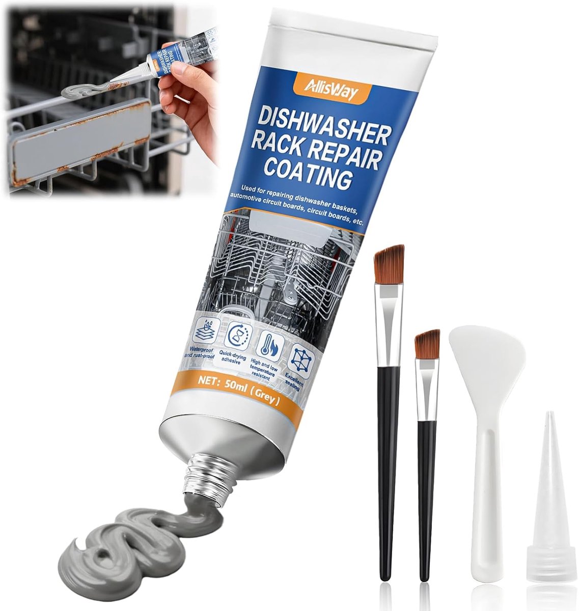 Afwasmachine mand reparatie vloeibare rubber - 50 ml - grijs - waterproof en roestvrij - ShopVlot