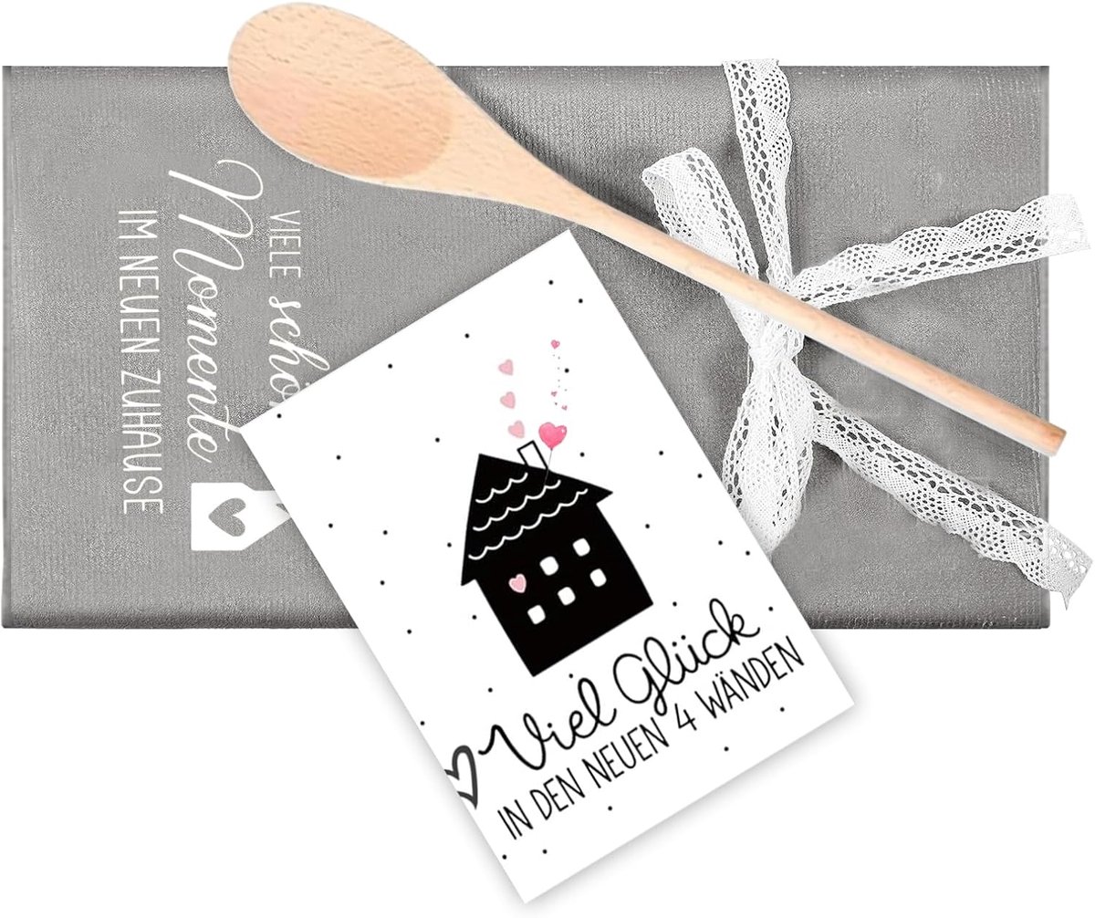 Theedoek en kooklepel set - grijs katoen - wenskaart en decoratielint - perfect housewarming cadeau - ShopVlot