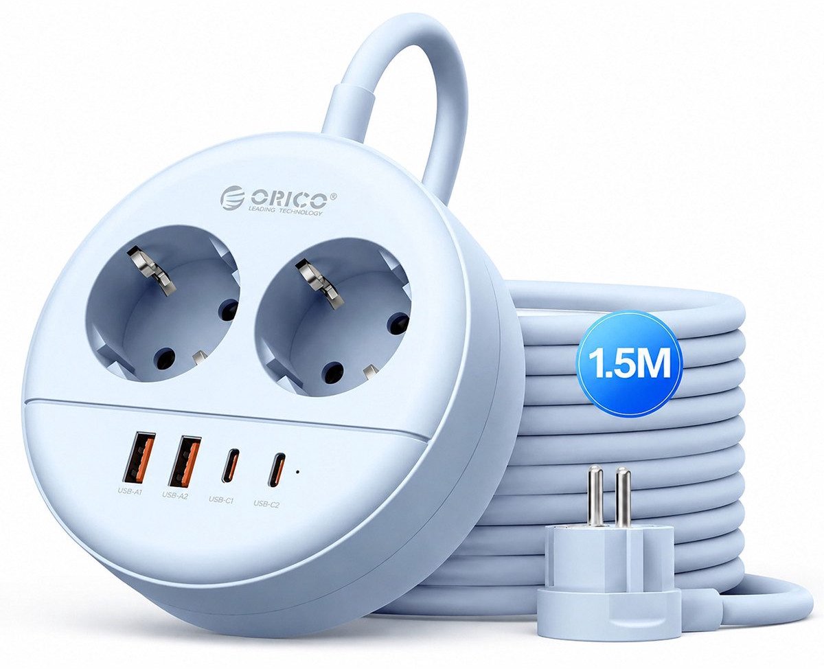 ORICO OSP - Ronde stekkerdoos - 20W Snellader - 2x Stopcontacten, 2x USB-C & 2x USB-A - Platte stekker - 1,5 m kabel - Wandmontage-stekkerdoos met veiligheidsvergrendeling - Blauw