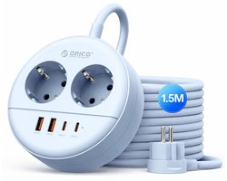 ORICO OSP - Ronde stekkerdoos - 20W Snellader - 2x Stopcontacten, 2x USB-C & 2x USB-A - Platte stekker - 1,5 m kabel - Wandmontage-stekkerdoos met veiligheidsvergrendeling - Blauw