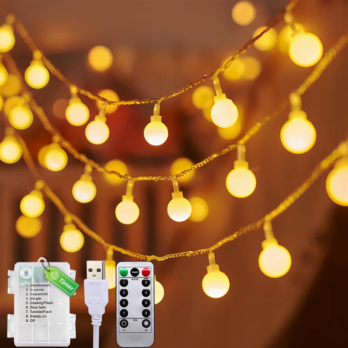 Lichtsnoer 6 m - 40 leds - warmwit - met timer en 8 modi voor sfeervolle binnendecoratie - ShopVlot