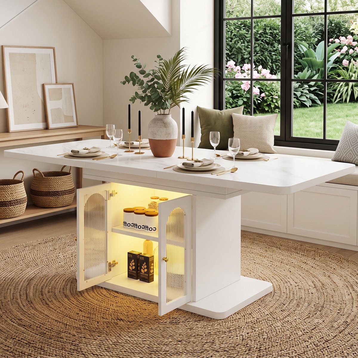 Uitschuifbare Eettafel 150/200 cm - Moderne Scandinavische Tafel Met Opbergruimte - Marmerlook Wit MDF Tafel Voor 6-8 Personen - LED Verlichting Met App Bediening - Grote Eettafel Voor Woonkamer