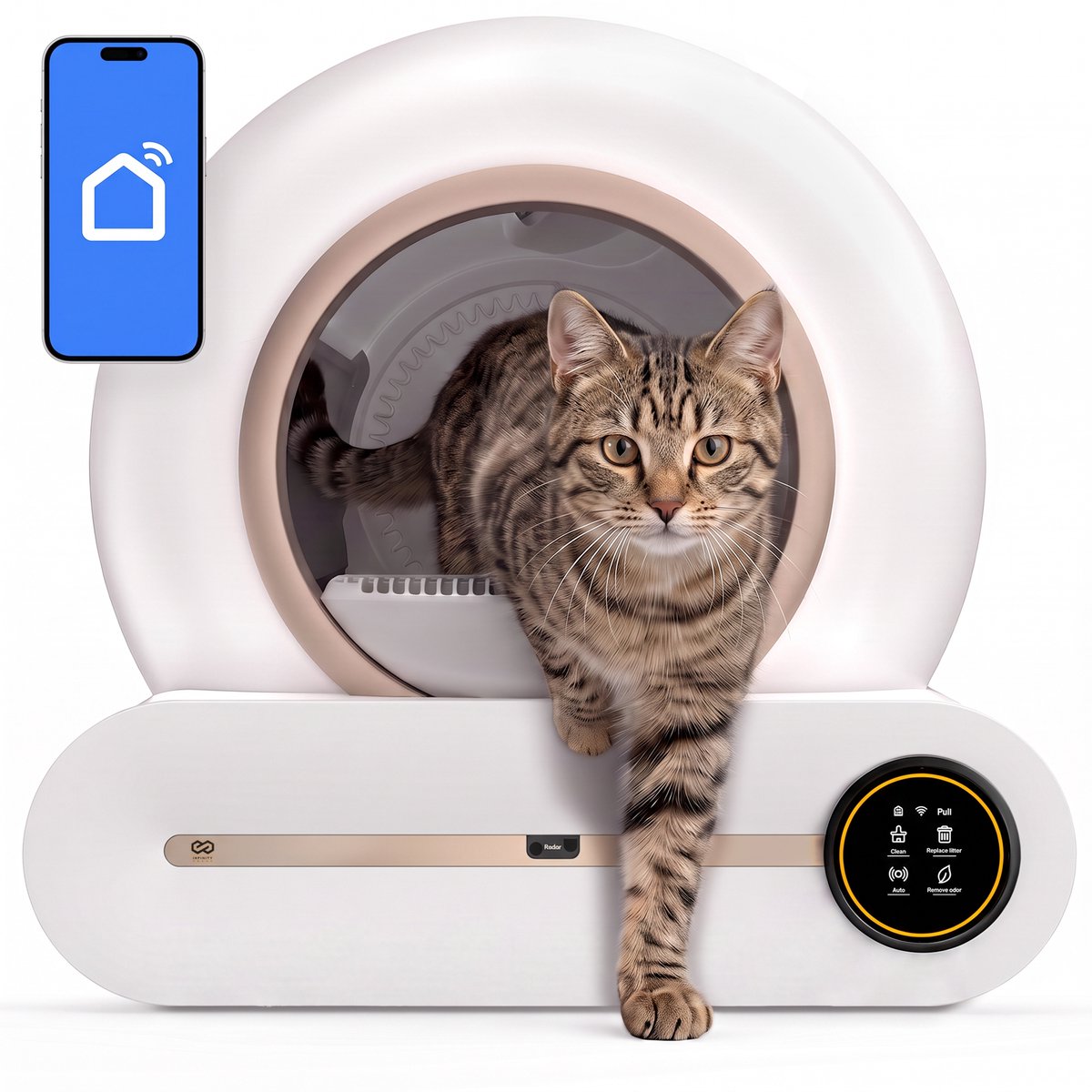 Infinity Goods Automatische Kattenbak XXL - Zelfreinigende Kattenbak - Incl. App - 75L - Met Kattenbakmat en 3 Rollen Opbergzakjes - Wit/Roségoud