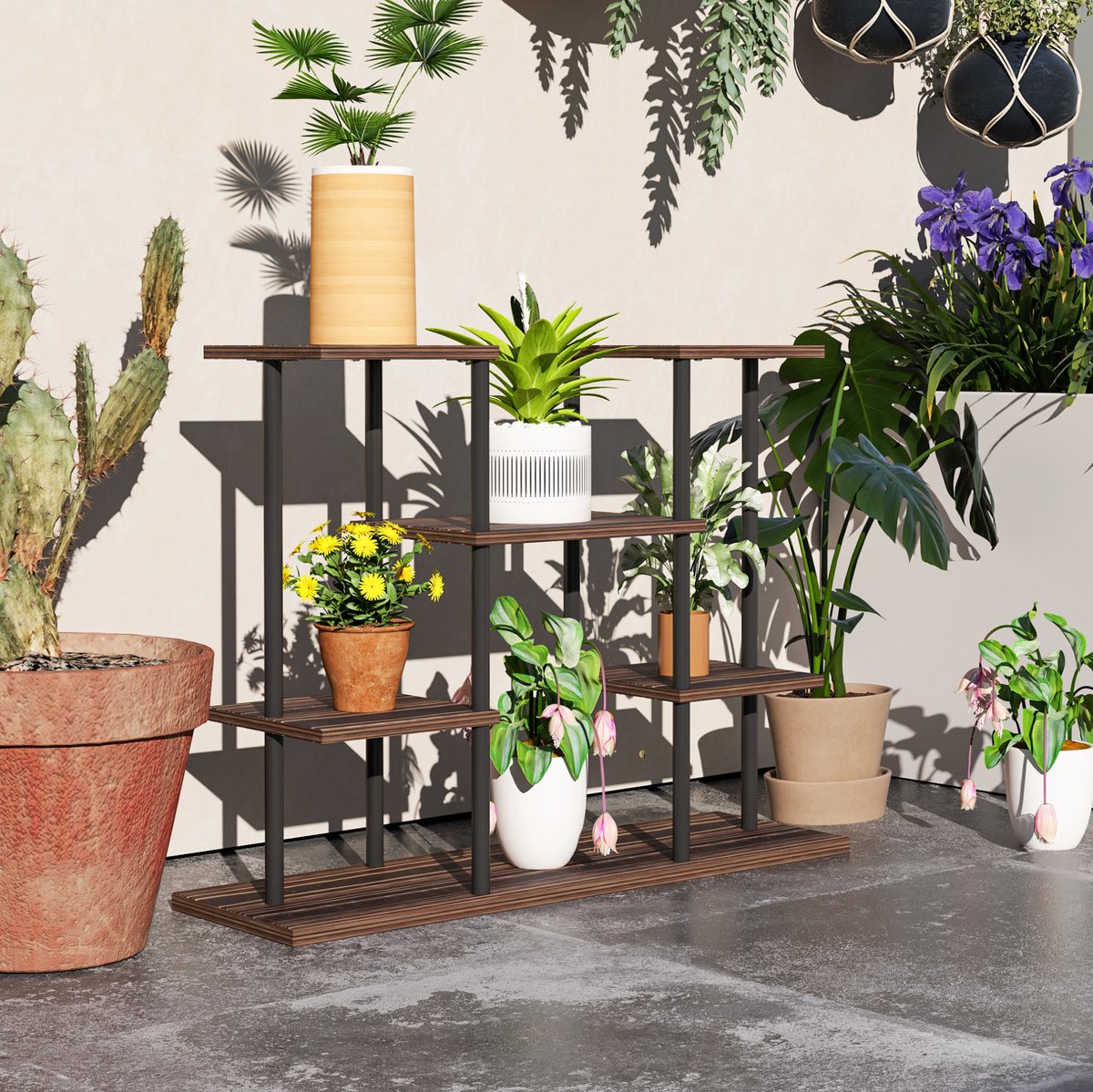 MIVRAY Plantenrek – Vier Etages Met Stabiele Metalen Constructie – 80 X 24 X 61,5 Cm – Staal En Hout – Charcoal – Voor Woonkamer, Balkon En Tuin