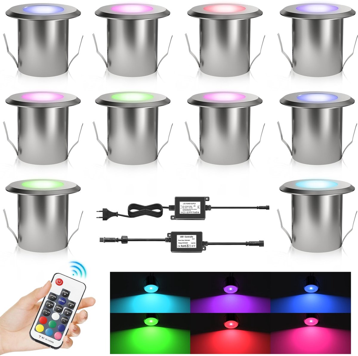 Vloerinbouwlampen 10-delig - RGB Ø39 mm - Aluminium - Dimbare kleurverandering voor buiten - ShopVlot