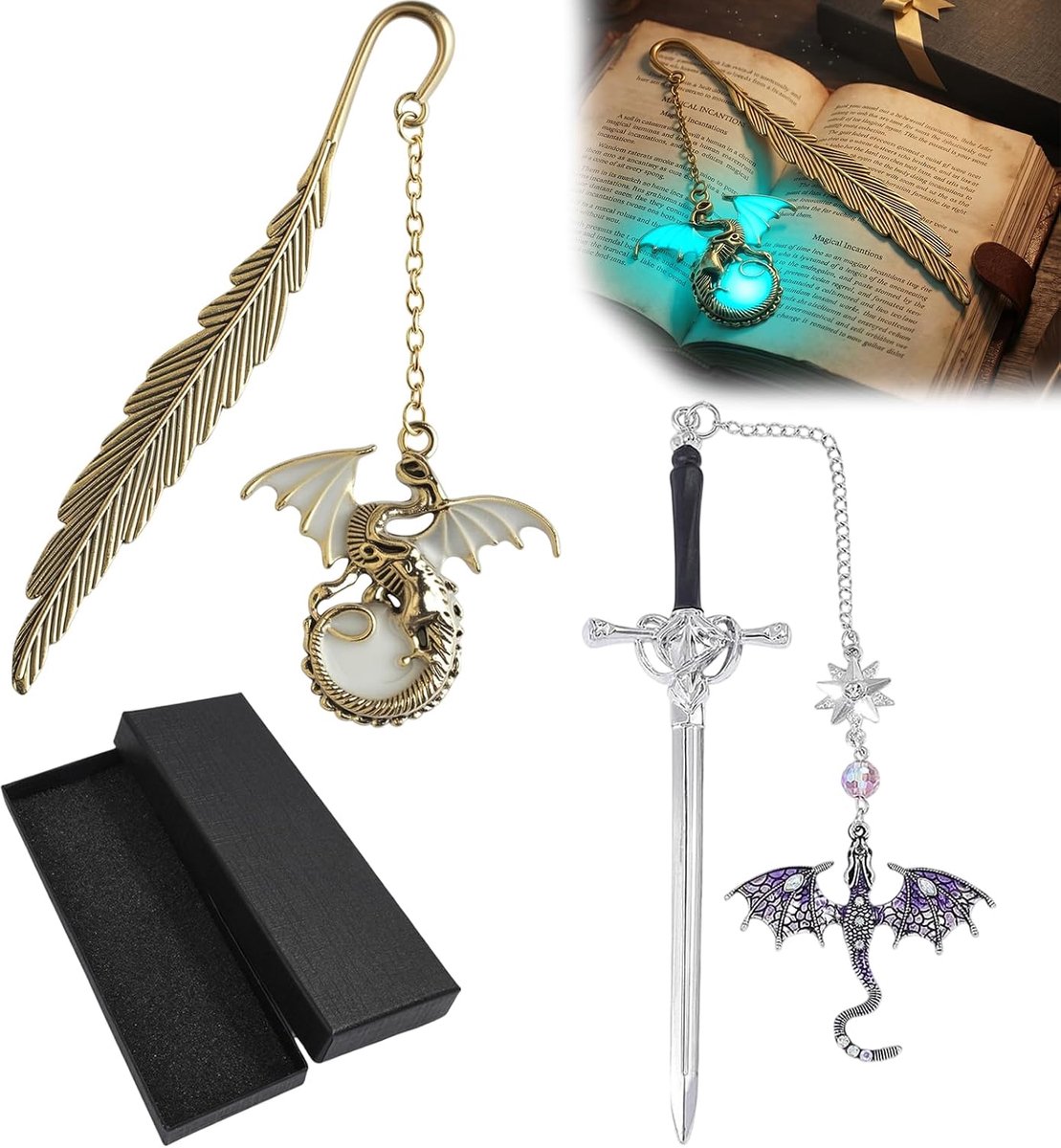 Lesezeichen met draak - met metalen kwast - gloeiend in het donker - perfect cadeau voor boekenliefhebbers - ShopVlot