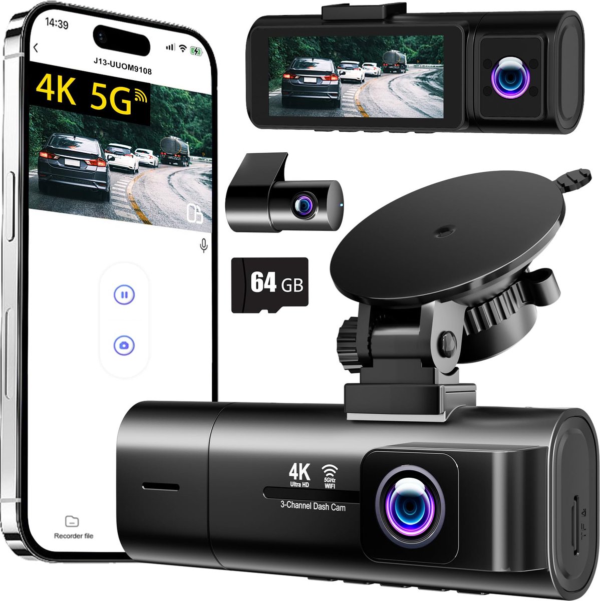 Dashcam voor voren en achter, 4K+1080P+1080P - Drievoudig objectief - 5G-WLAN - Veilig autorijden - ShopVlot
