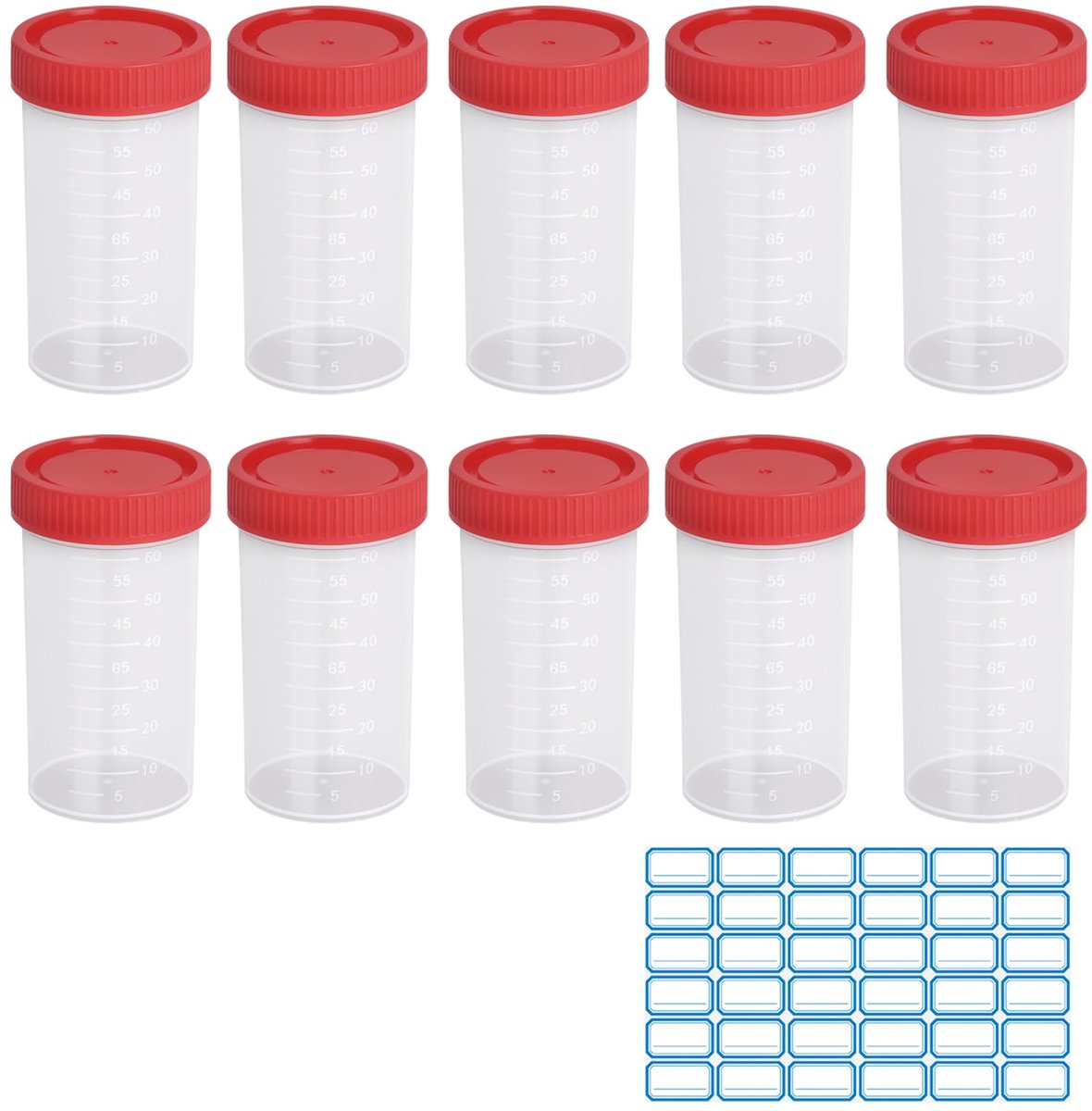 Urinebeker 60 ml met schroefdeksel - kunststof monsterhouder met schaal en etiketten - ideaal voor laboratoriumgebruik - ShopVlot