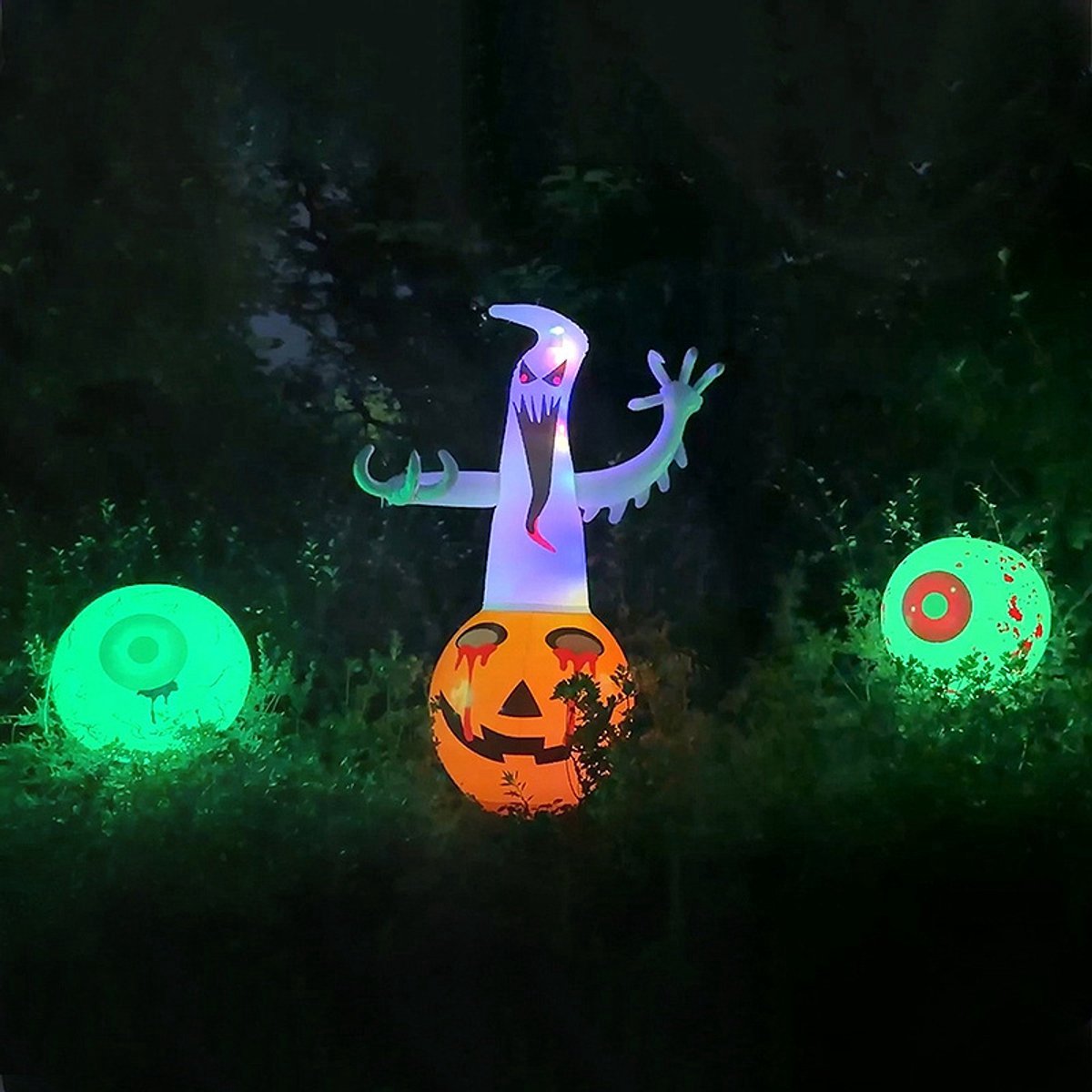 Casalora 3 Set - Halloween Decoratie : Oogbal met LED en Pompoen & Spook met LED - Opblaasbare Halloween Decoratie voor Tuin, Balkon en Binnen - Herbruikbare