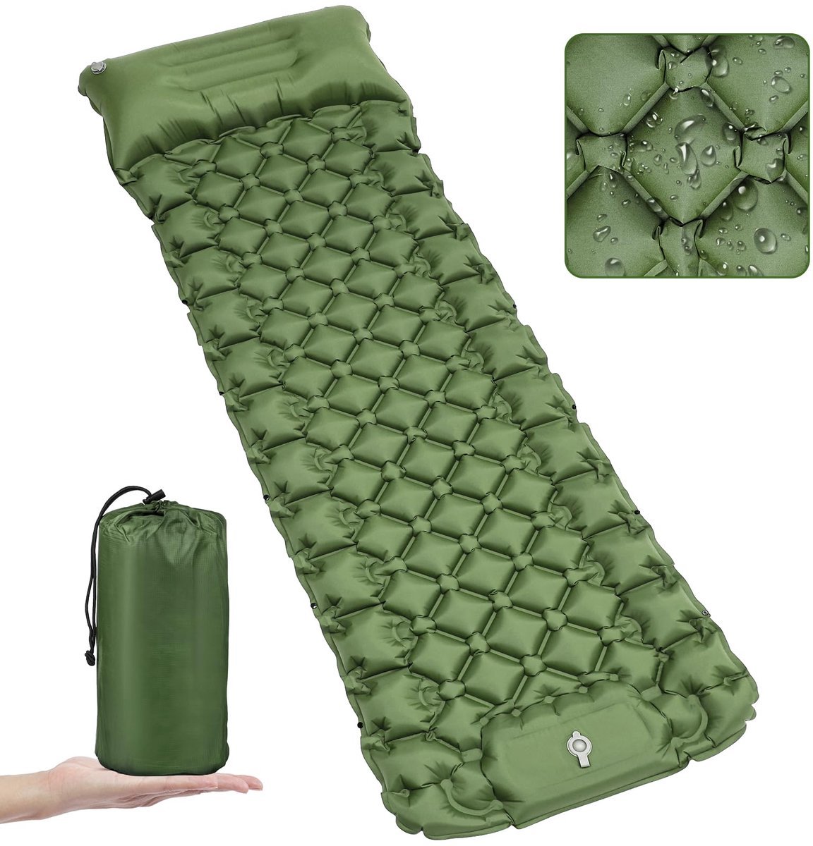 Casalora Kochar Slaapmat Opblazen - Slaapmat met ingebouwde voetpomp & hoofdkussen - 200 x 70 x 7cm - Camping matras - Slaapmatje - Legergroen