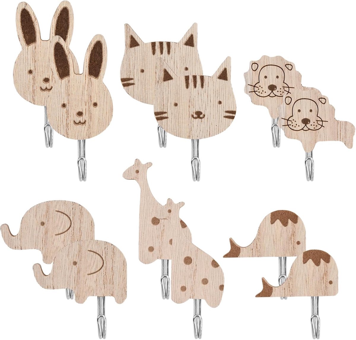 Haken set voor kinderen - 12 zelfklevende houten haken - dierenvormen - speelse wanddecoratie - ShopVlot