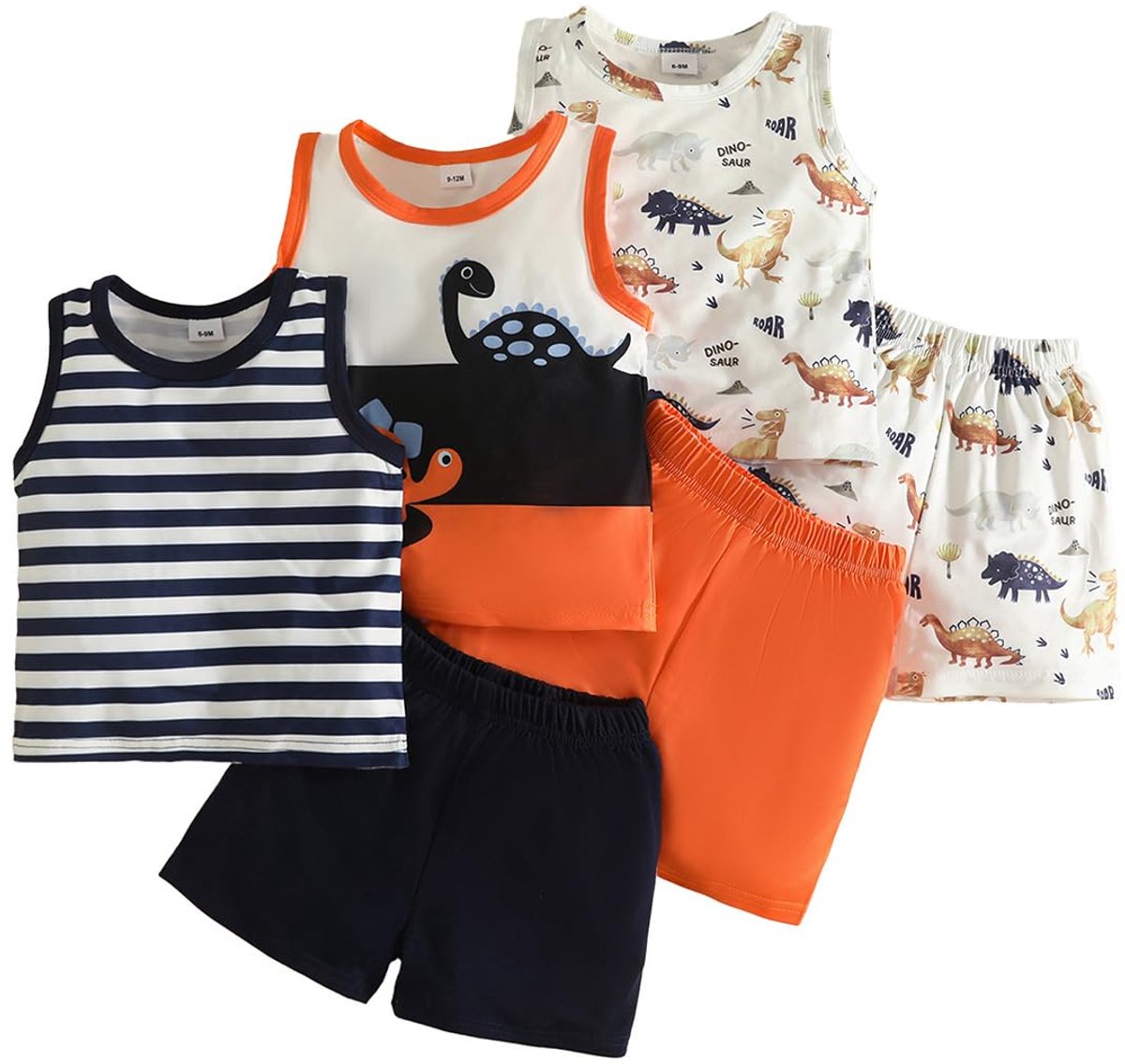 Babykleding voor jongens 6-9 maanden - zwart/oranje - dinosaurus en beren - comfortabele zomerset - ShopVlot