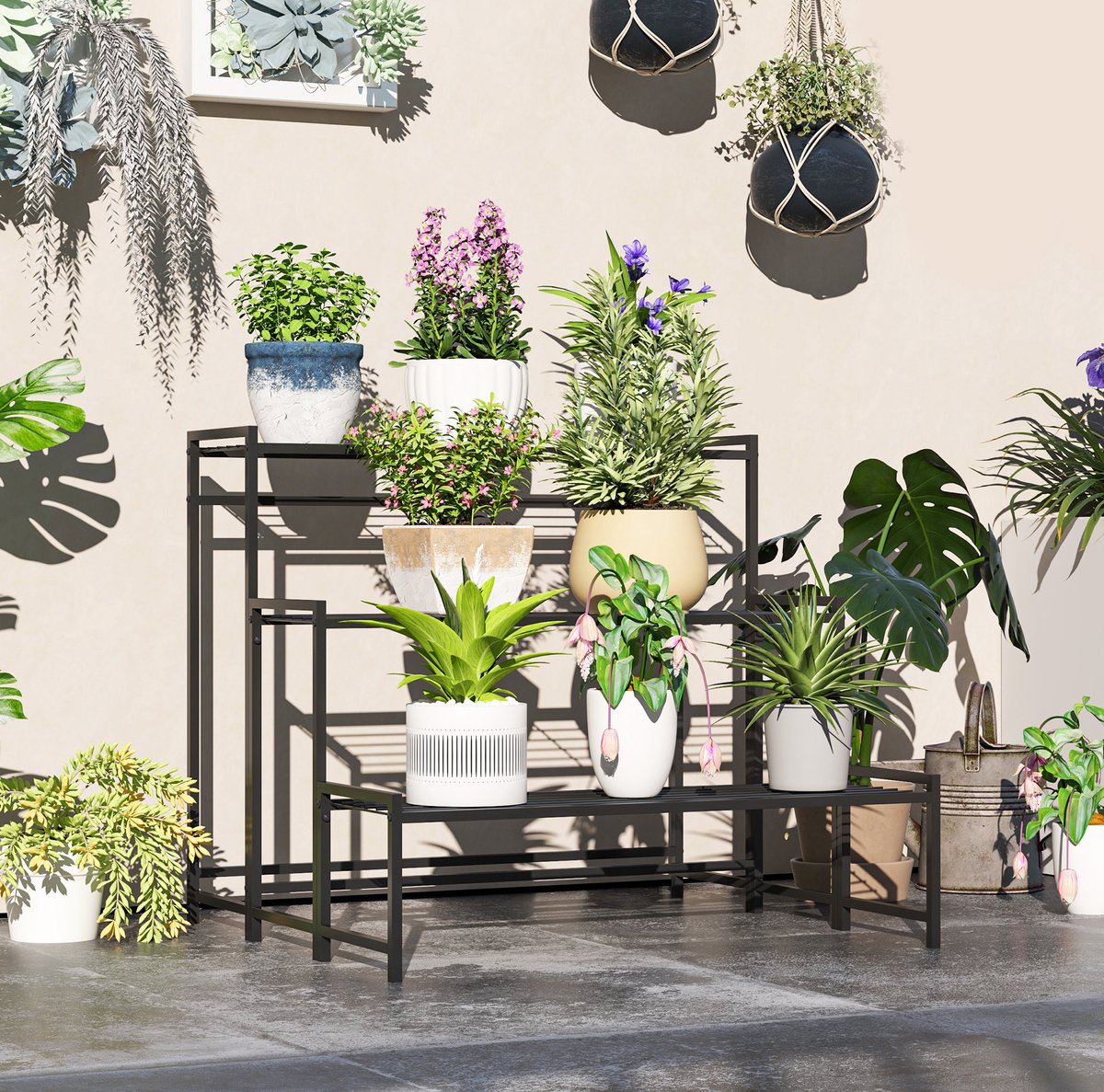 MIVRAY Plantenstandaard – 3 Etages – 75 X 70 X 66 Cm – Metaal – Zwart – Open Plantenrek Voor Binnen En Buiten