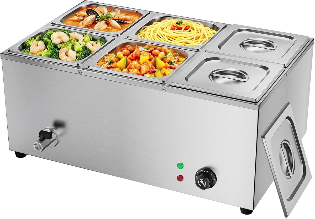 TAIMIKO Electric Bathroom Stainless Steel 220V Professional Food Warmer with 6 Compartments with Drain Valve - ShopVlot