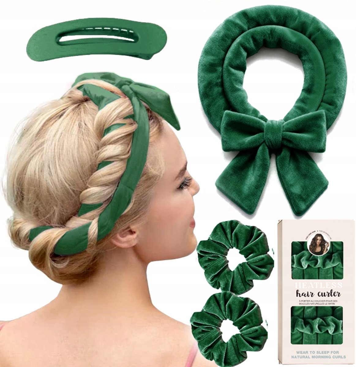 Velours Haarrollerset voor Hitevrije Curlen met Clip - Groen