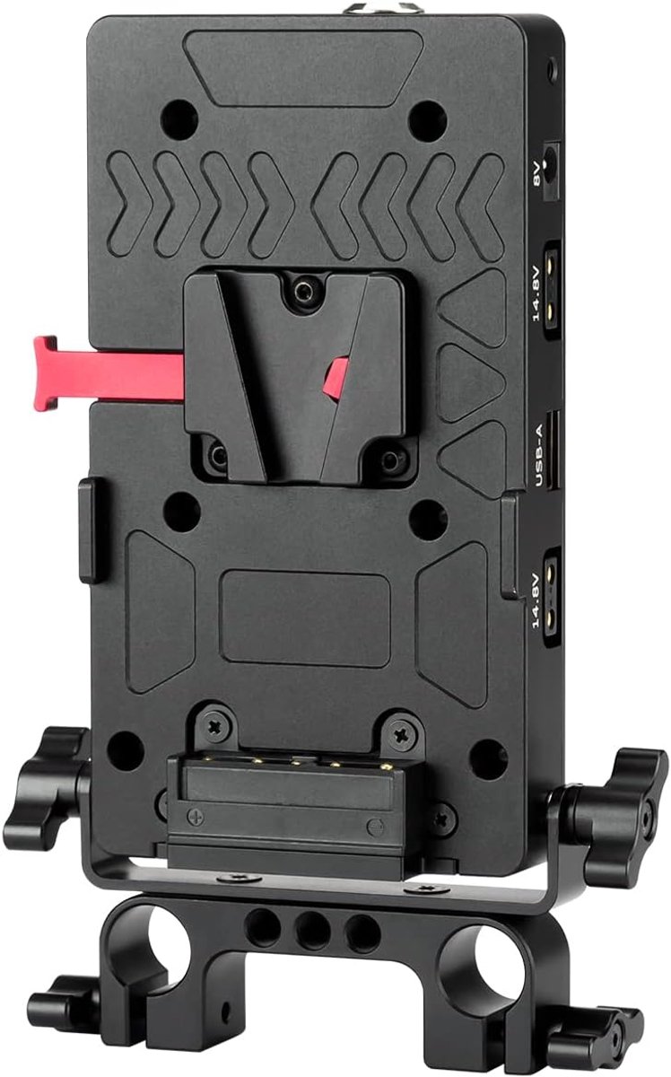 V-mount batterijplaat met 15mm bar clamp - aluminium - meerdere uitgangspoorten - ideaal voor videoproductie - ShopVlot