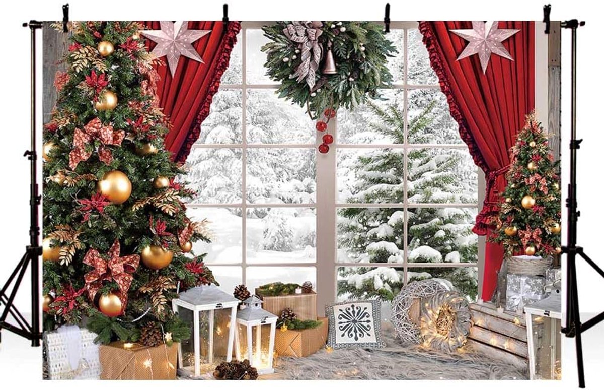 Fotografie achtergronddoek 8x6ft - polyester - sneeuwscène met kerstboom - ideaal voor familiefoto's - ShopVlot