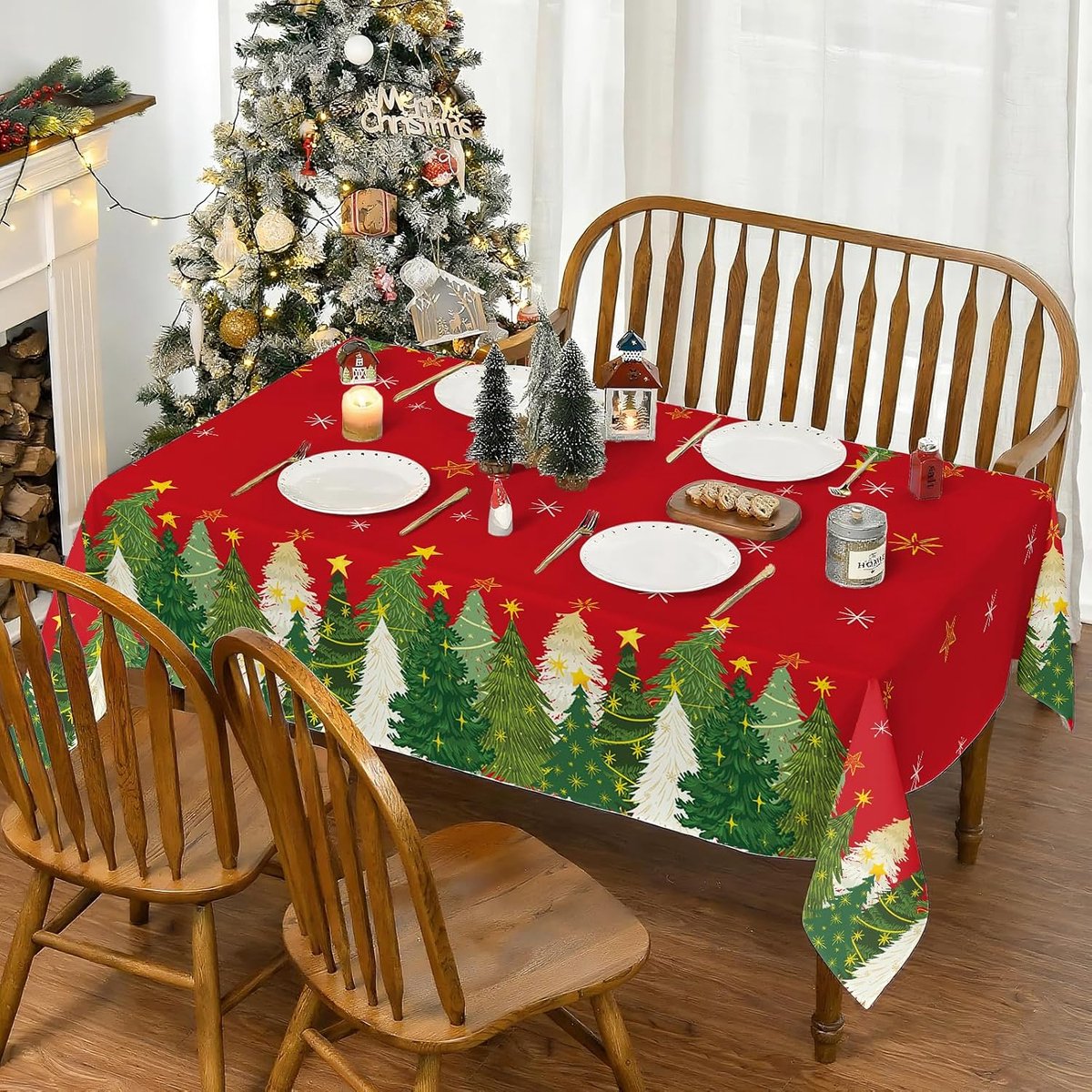 Tafelkleed kerst rood 180 x 130 cm - polyester - waterdicht - ideaal voor winterse diners - ShopVlot