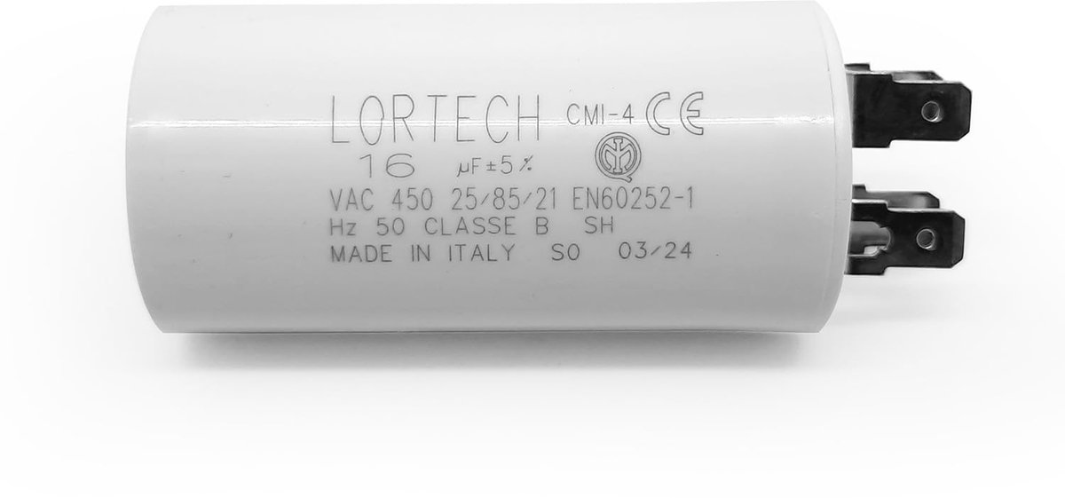 Permanent condensator 16 µF - Ø 35 mm x 69 mm - vlakke bodem - betrouwbaar in diverse temperaturen - ShopVlot