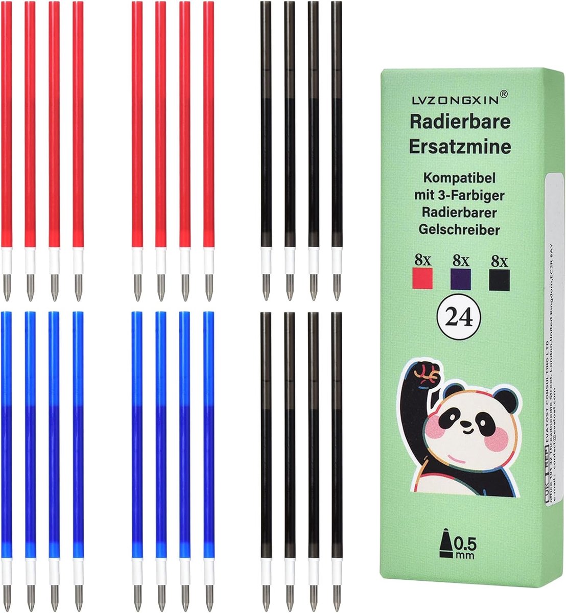 Vervangende navullingen 24 stuks - 8 blauwe + 8 zwarte + 8 rode - 0.5 mm inktdikte - ideaal voor school en kantoor - ShopVlot