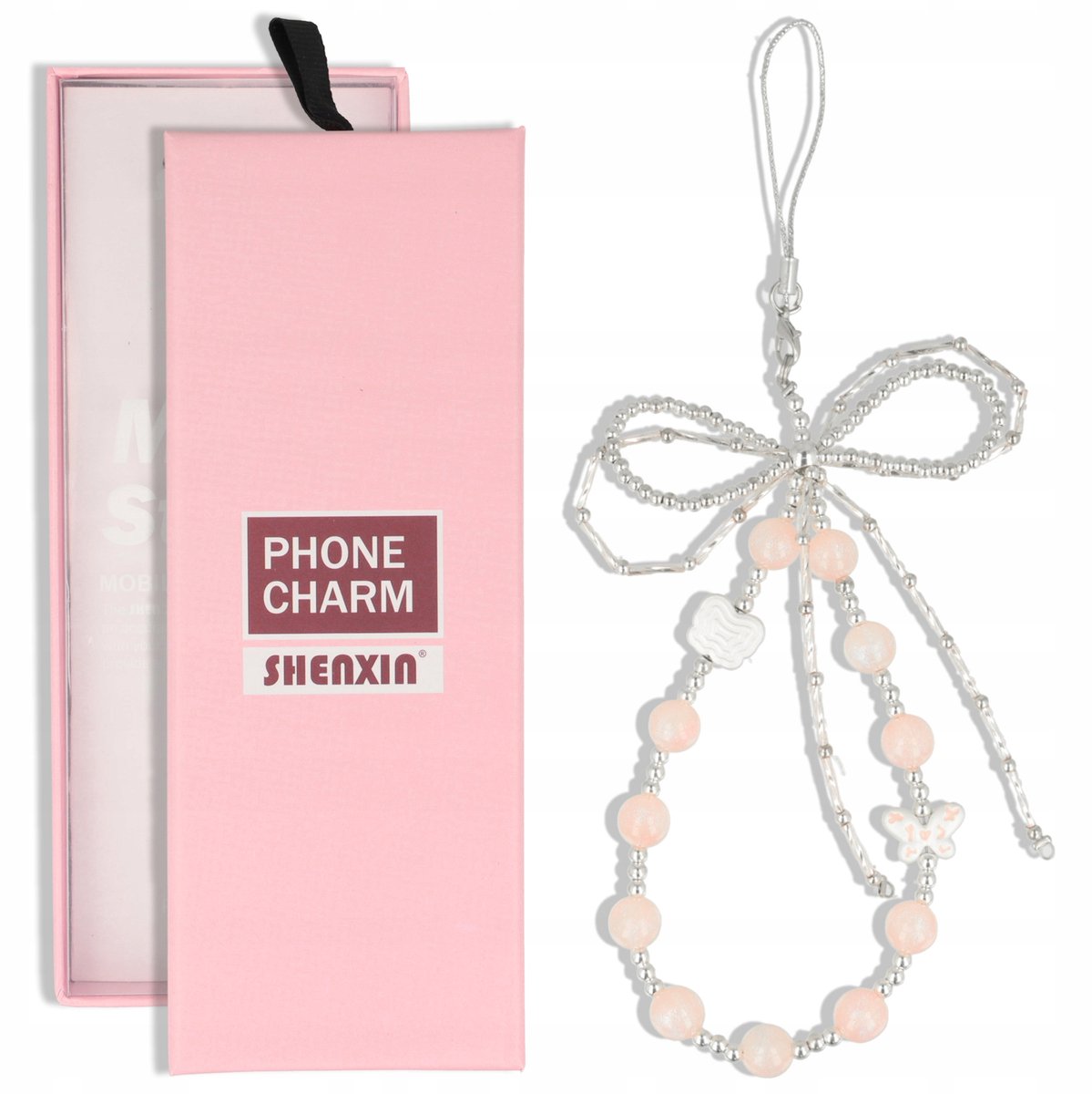 Merkoos telefoonhanger met kralen, roze & zilver, cadeauverpakking